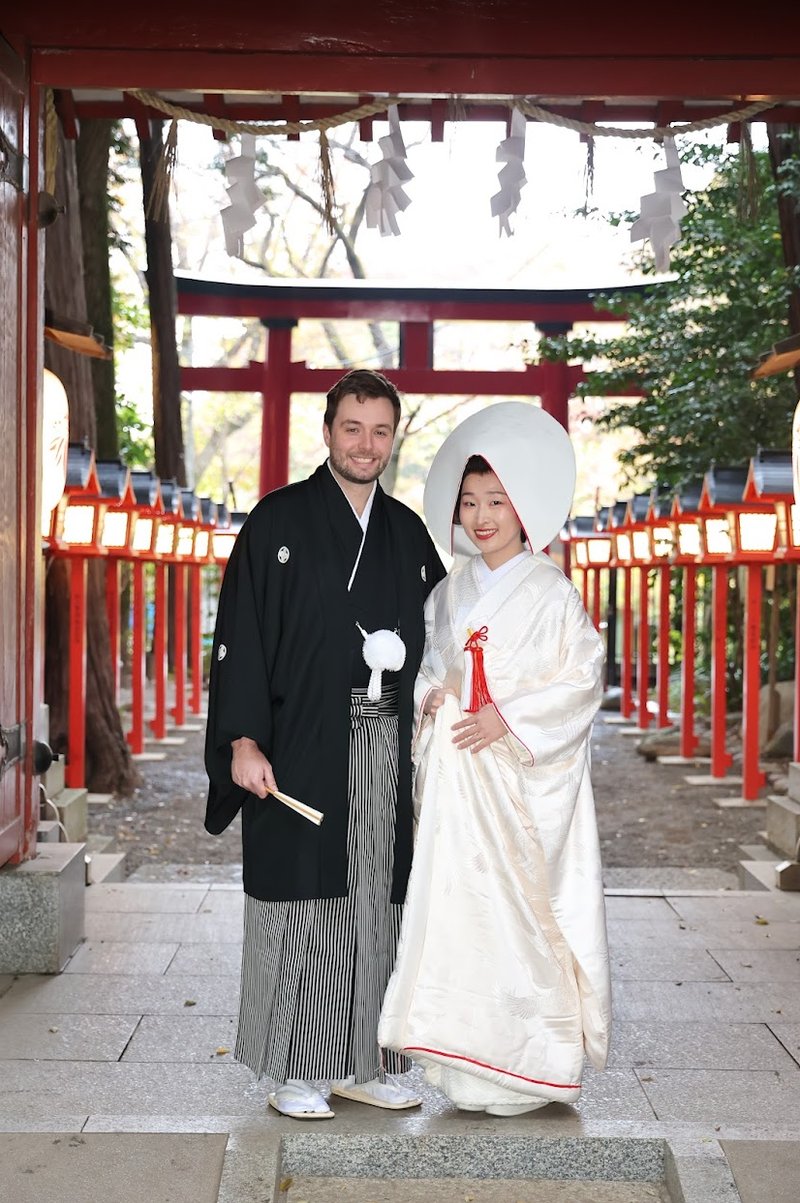 Daniel and his wife at their traditional Shinto wedding at Omiya Hachiman Shrine in Tokyo