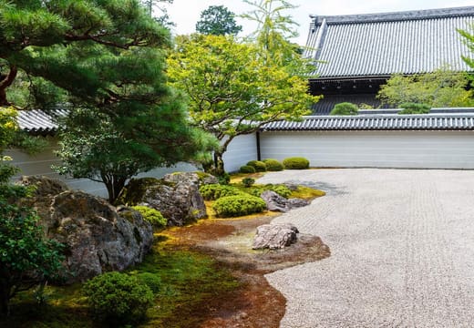 A dry garden of raked gravel, rocks and pines at Nanzen-ji
