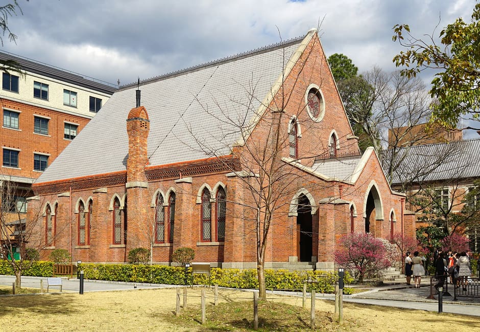 The red brick 1886 chapel on the Doshisha University Imadegawa campus, with its steep roof and arched windows