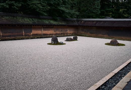 The raked gravel and stone groups of the Ryoan-ji rock garden